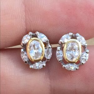 Two Tone Sterling Silver 925 Oval CZ Halo Studs